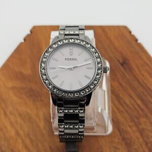 Fossil Women's Gunmetal Silver Bracelet Watch Rhinestone Crystal Bezel ES-3207